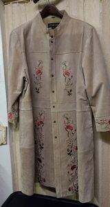 KOMITOR Women's Genuine Suede Leather Coat Beige  w/Asian Chinese Floral  Sz 20W